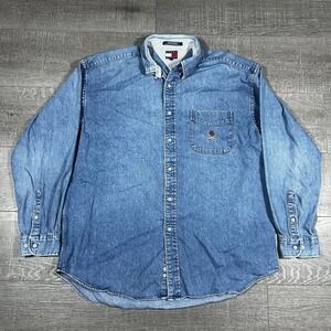 Tommy Hilfiger Denim Shirt Men's L Blue Long Sleeve Flag Logo 90s‎ Y2K Vintage